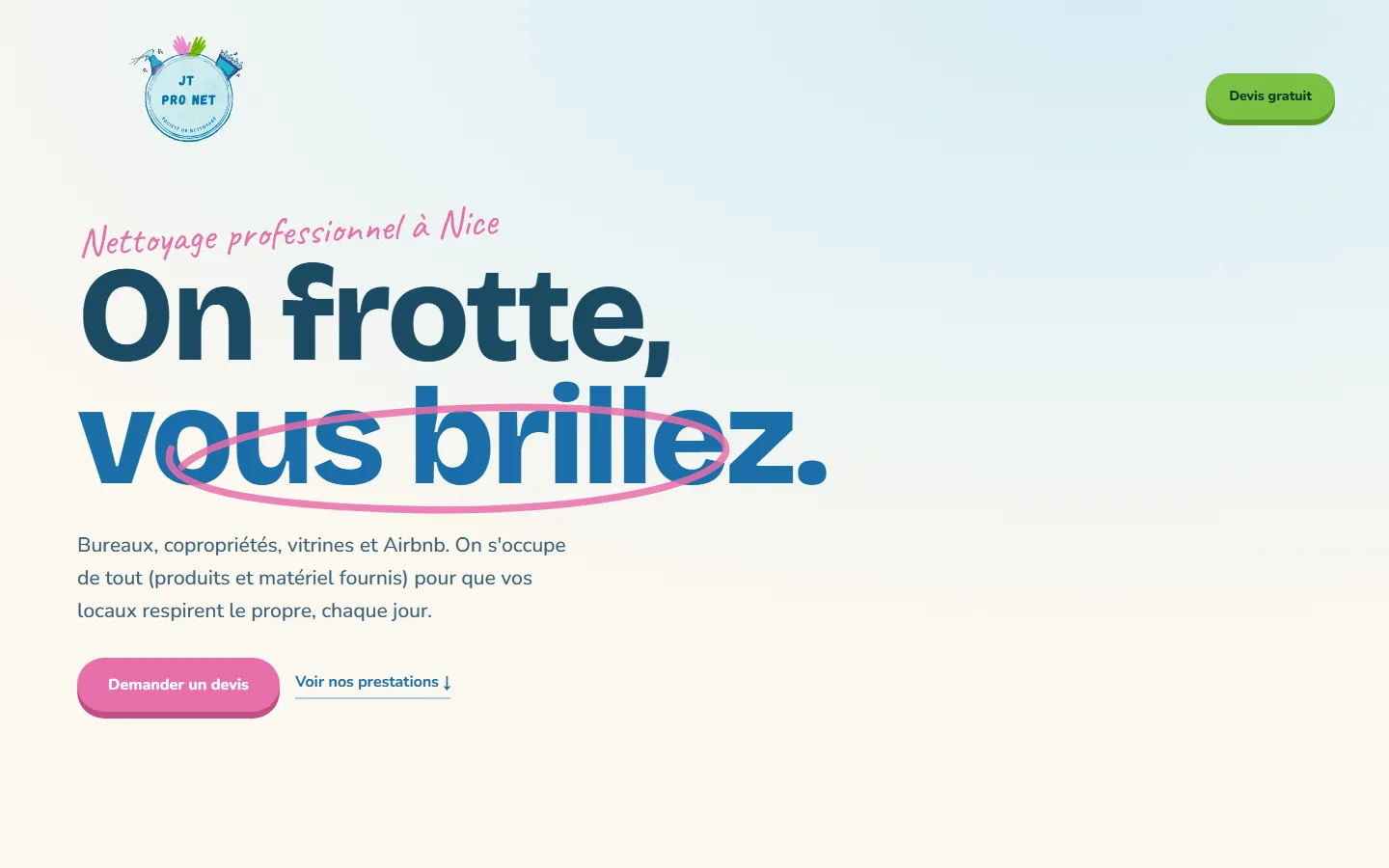 Page d’accueil du site de JT PRO NET, entreprise de nettoyage à Nice