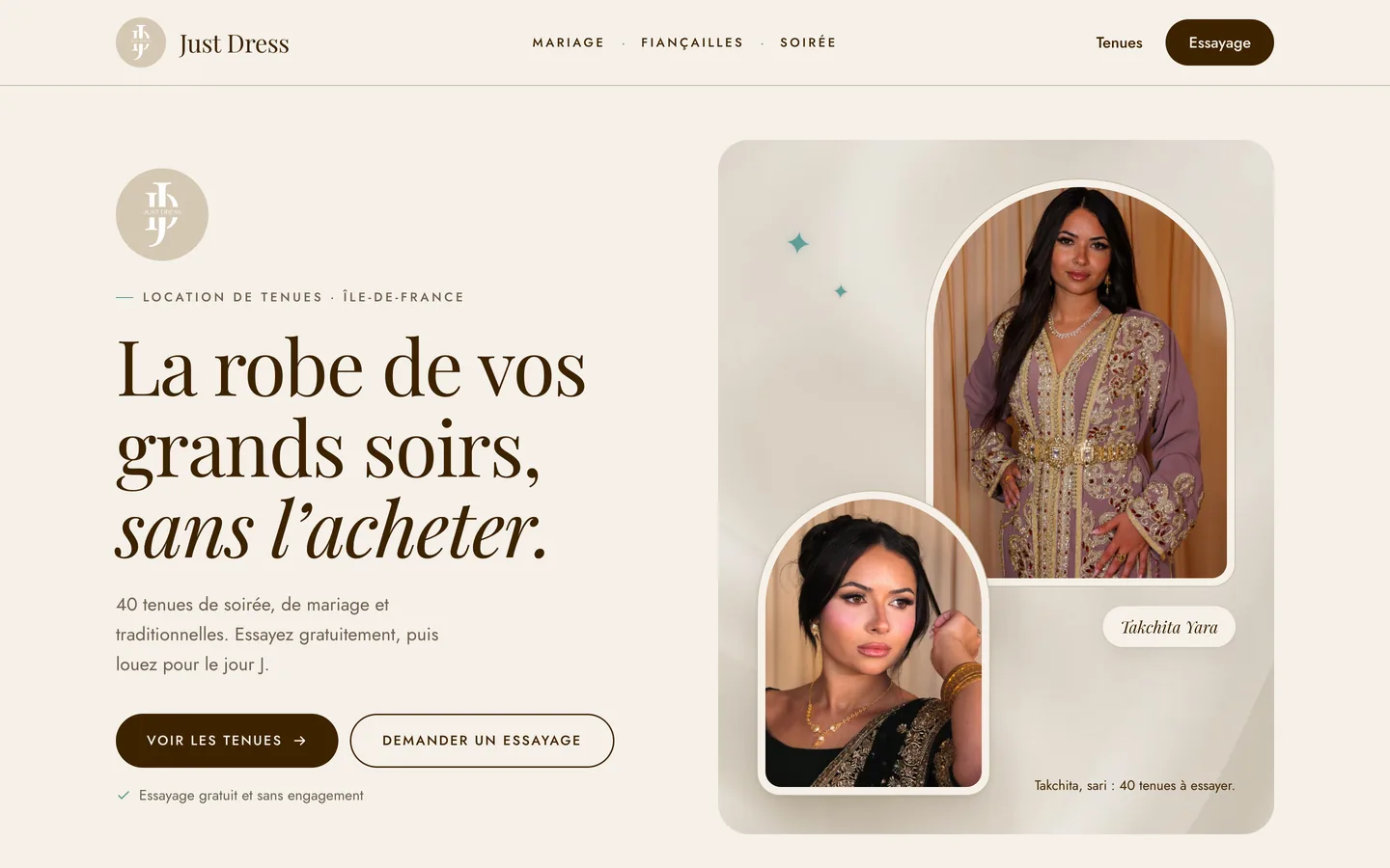 Page d’accueil de Just Dress : « La robe de vos grands soirs, sans l’acheter », photos de tenues traditionnelles, boutons Voir les tenues et Demander un essayage