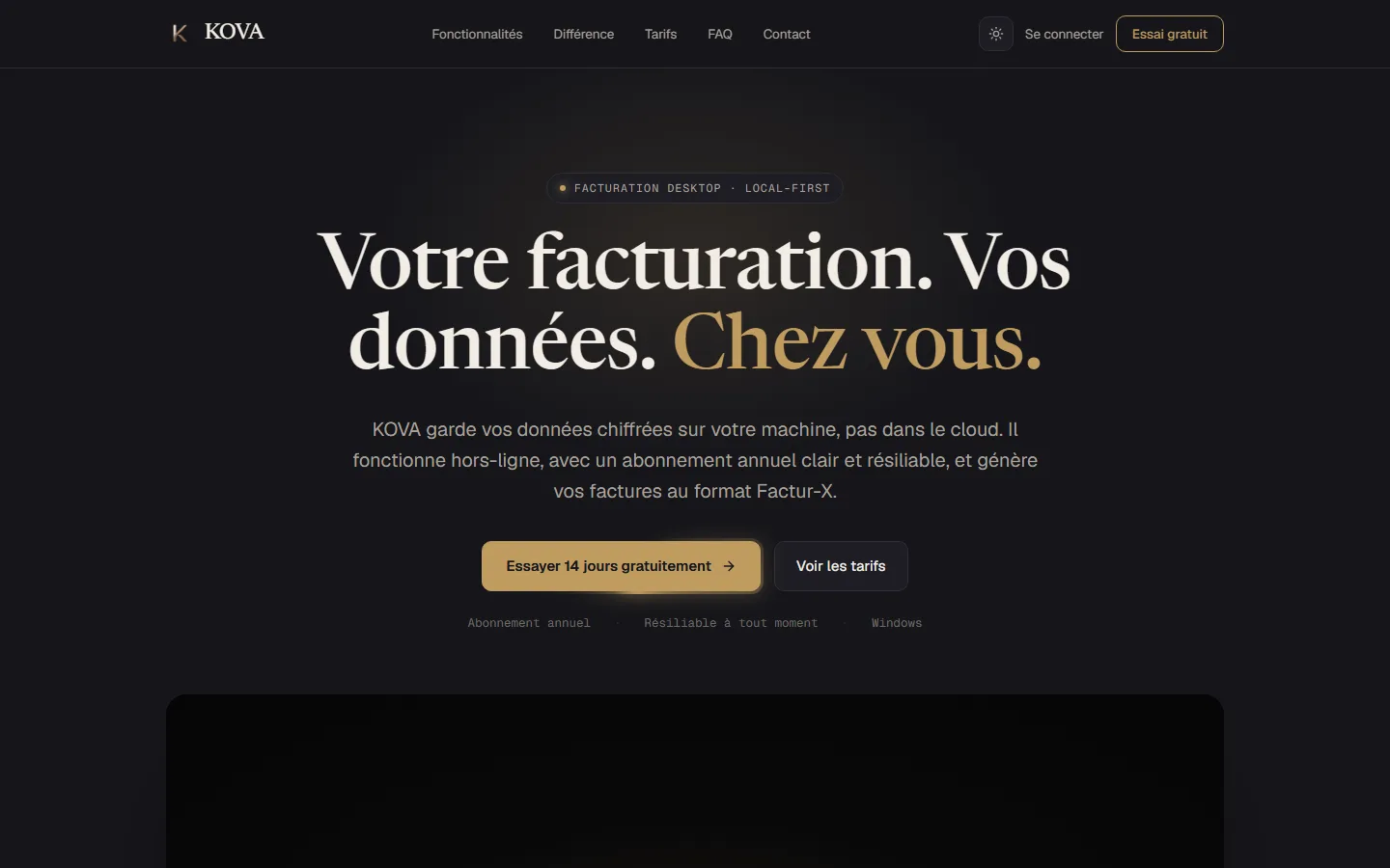 Page de présentation de Kova, logiciel de facturation local