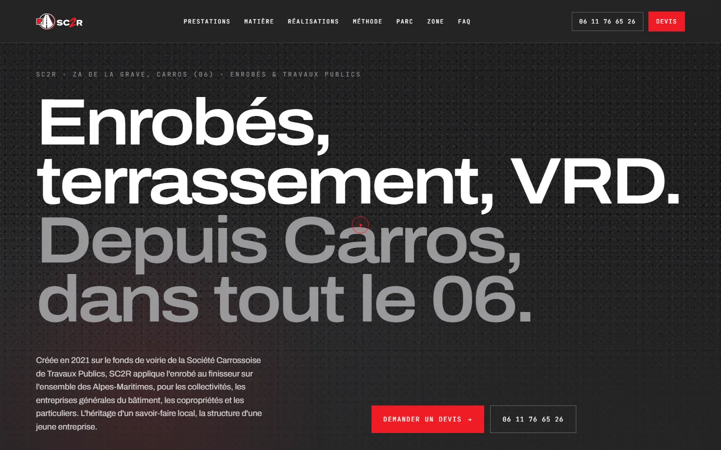 Page d’accueil du site de SC2R, entreprise d’enrobé des Alpes-Maritimes