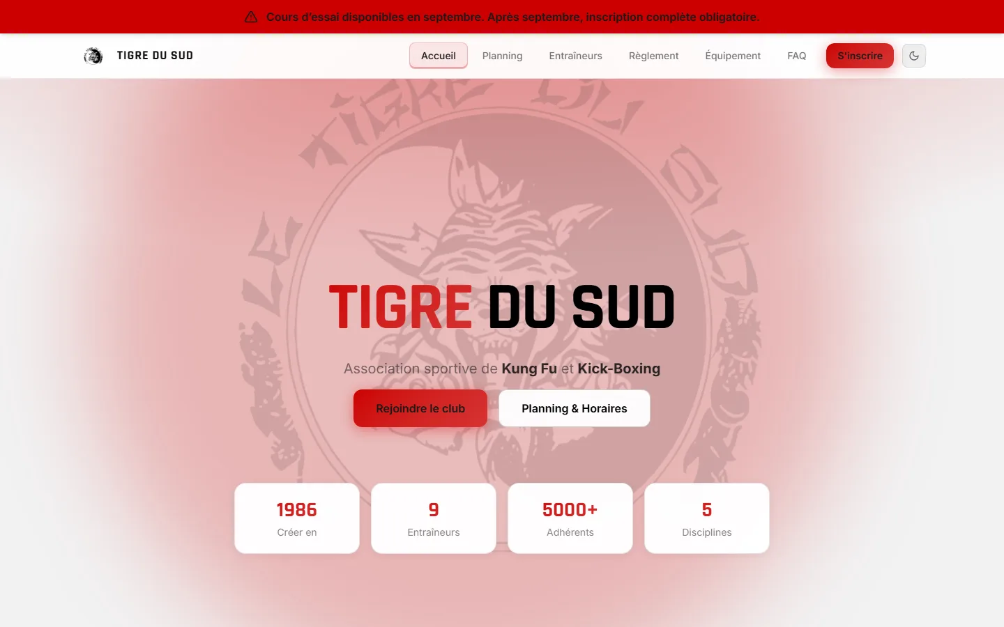 Page d’accueil du site du Club Tigre du Sud : association de Kung Fu et Kick-Boxing, planning et inscriptions