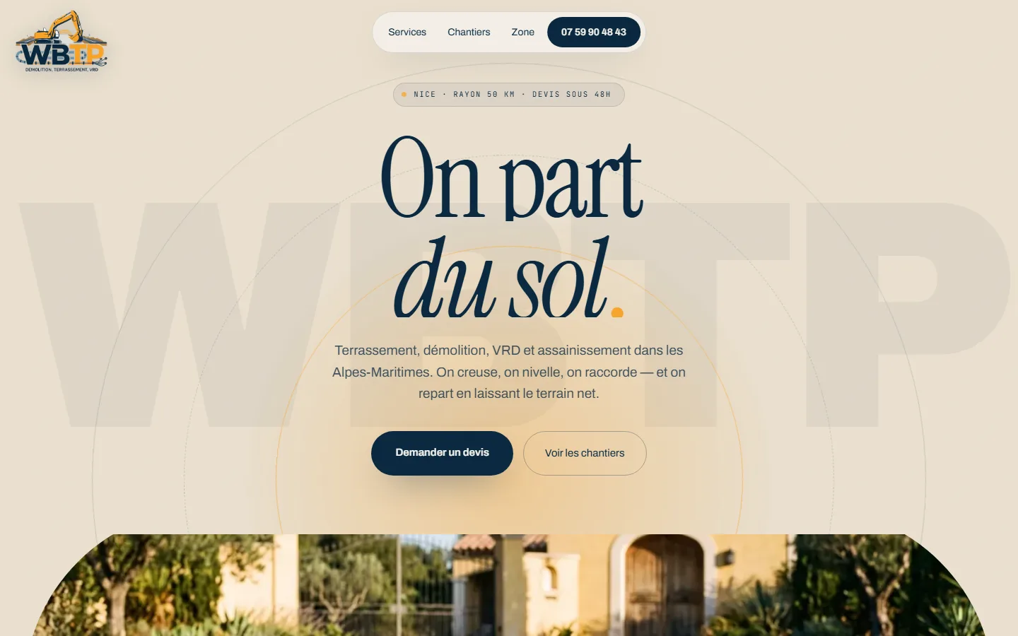 Page d’accueil du site livré pour WBTP, entreprise de terrassement à Nice